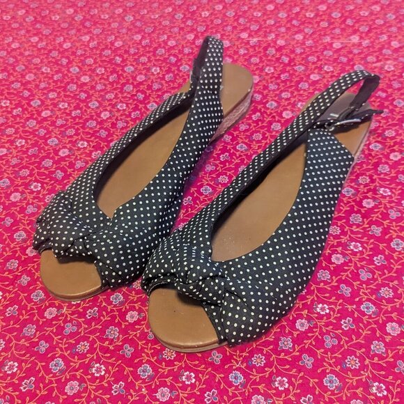 Vintage Polka Dot Rockabilly Sling Espadrille Peep Bow Sandal Coquette Preppy - Picture 9 of 9
